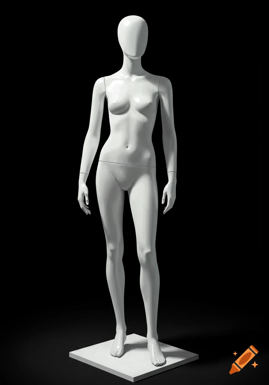 A white, featureless female mannequin stands on a white base against a dark background, lit from the front.