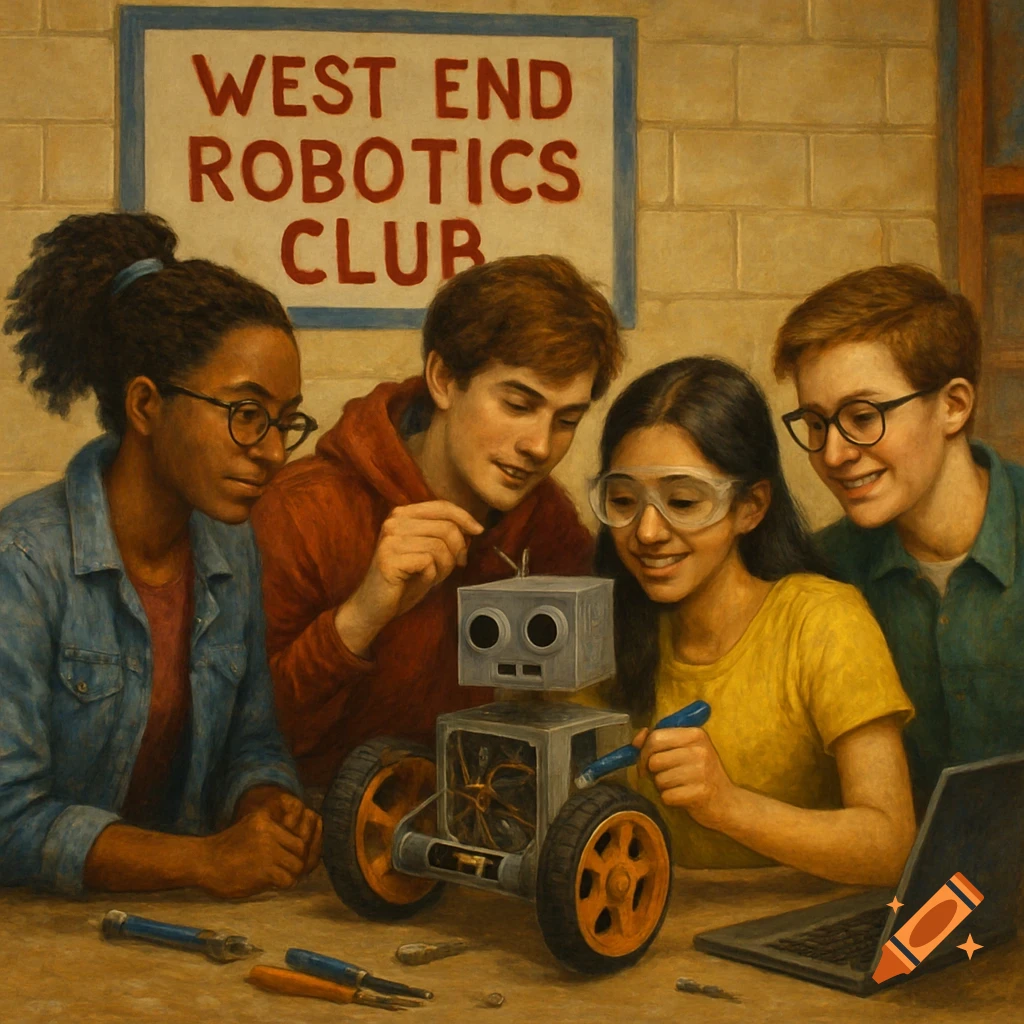 Four diverse teenagers collaborating to assemble a robot in a painting style, with a 'WEST END ROBOTICS CLUB' sign in the background.