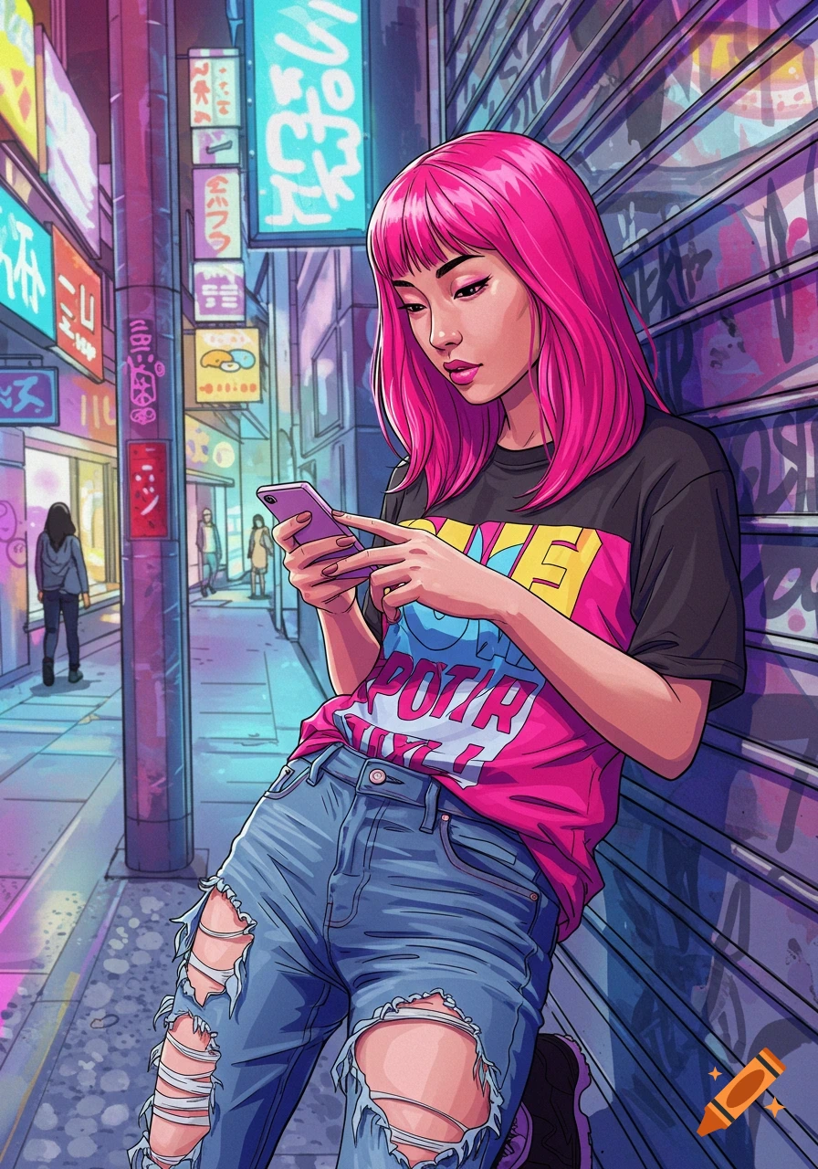 A stylized anime-style illustration of a woman with bright pink hair leaning against a graffiti-covered wall, looking at her phone on a neon-lit street.