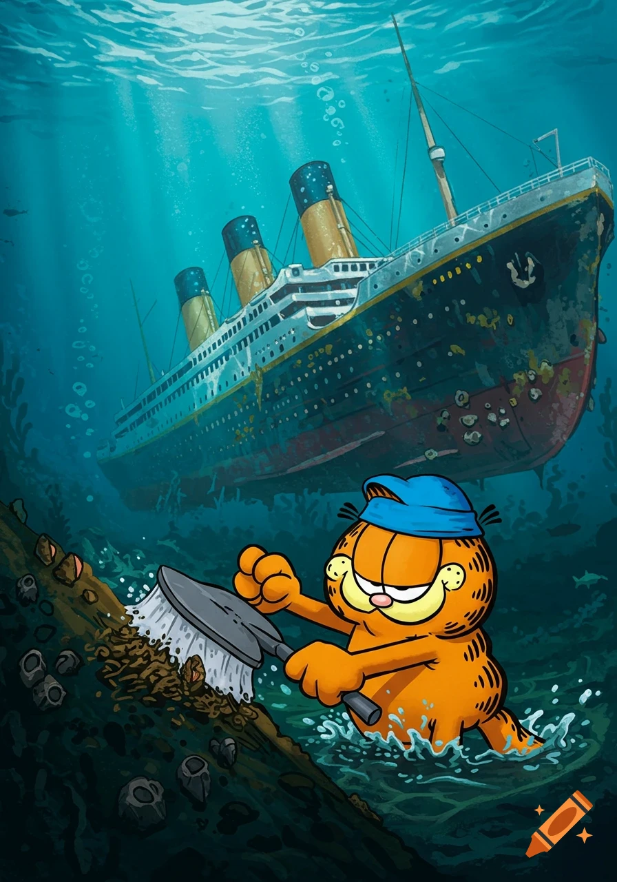Garfield wearing a blue cap, scrubbing barnacles underwater in front of the sunken Titanic. Cartoon style.