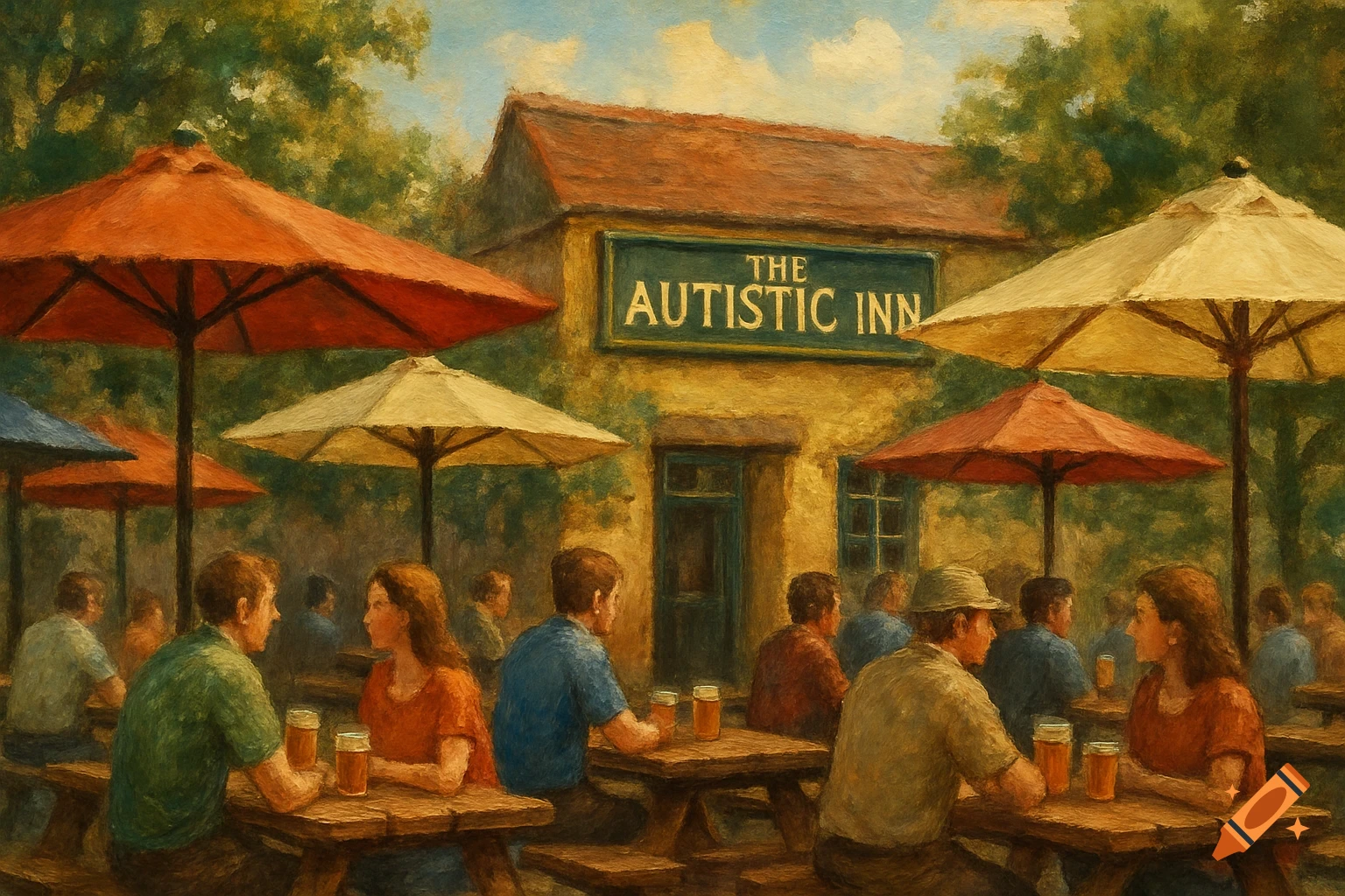 Painting of people sitting at outdoor tables in a beer garden under umbrellas, with a building labeled 'The Autistic Inn' in the background.