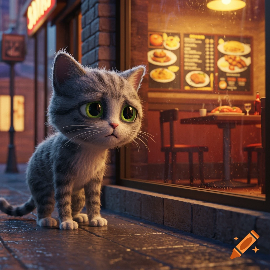 A sad 3D cartoon grey cat with big green eyes looks longingly into a brightly lit restaurant from a wet city street at night.