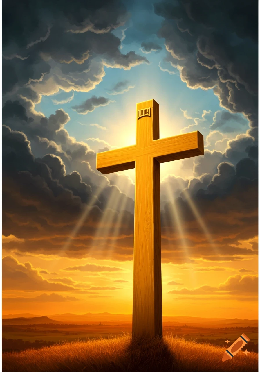 A large wooden cross stands on a grassy hill, bathed in sun rays from a vibrant sunset sky with dark clouds.