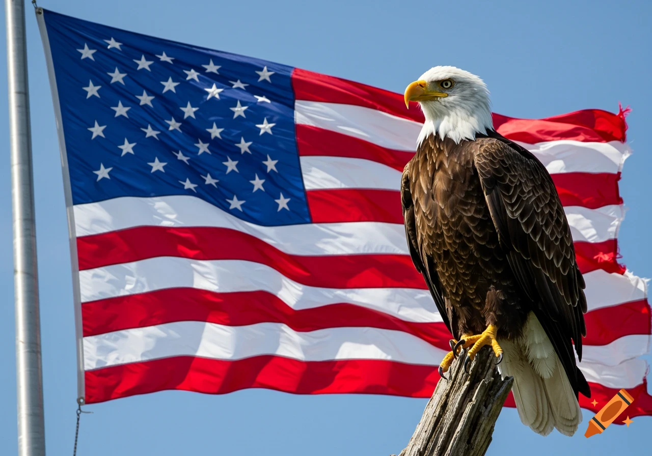A majestic bald eagle perched on a branch, with a large American flag waving in the background against a clear blue sky.