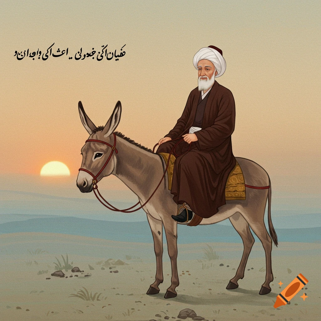 Illustrative painting of an old man with a white turban riding a donkey across a desert landscape at sunset.