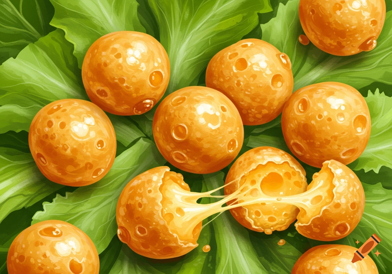 Puffed cheese balls on a bed of green lettuce, one broken open with melted cheese stretching.
