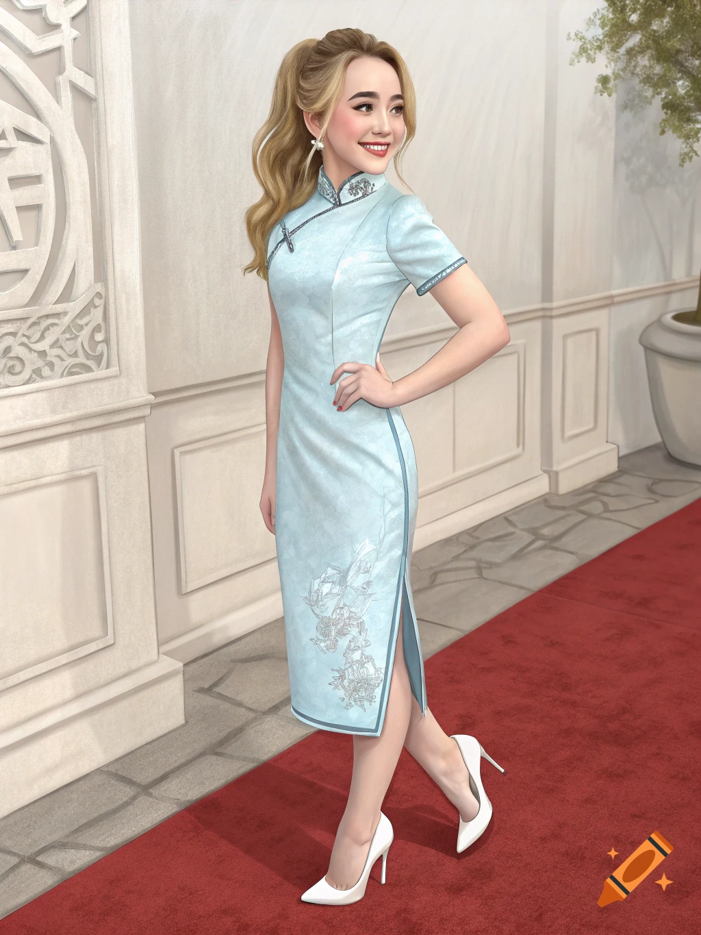 A woman resembling Sabrina Carpenter in a light blue cheongsam dress and white high heels stands on a red carpet.