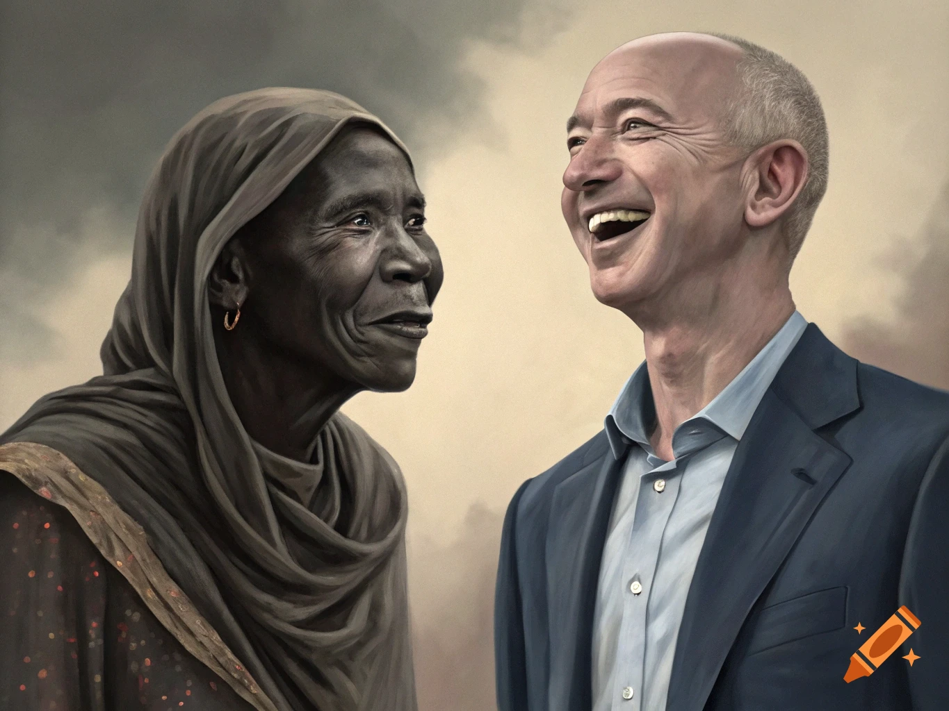A realistic portrait of a laughing Jeff Bezos looking at a smiling older woman in a headscarf.