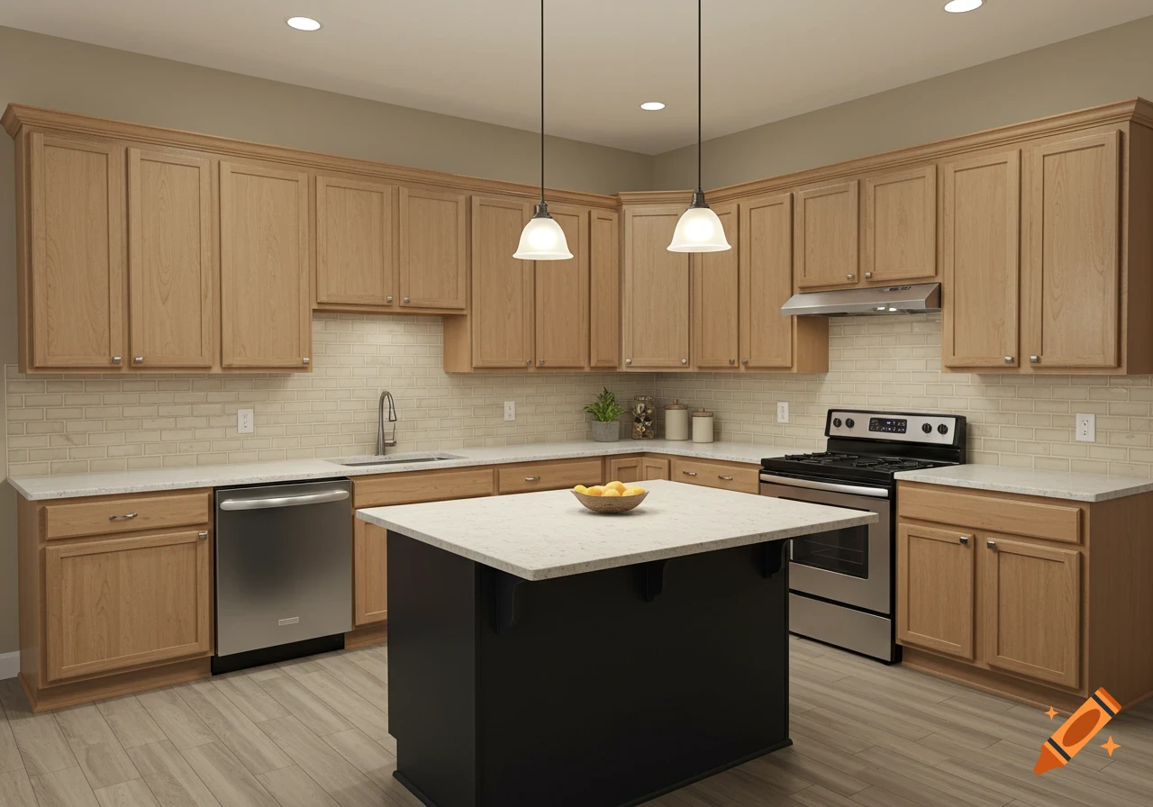 A photorealistic image of a modern kitchen featuring medium oak cabinets, light quartz countertops, a black island, and stainless steel appliances.