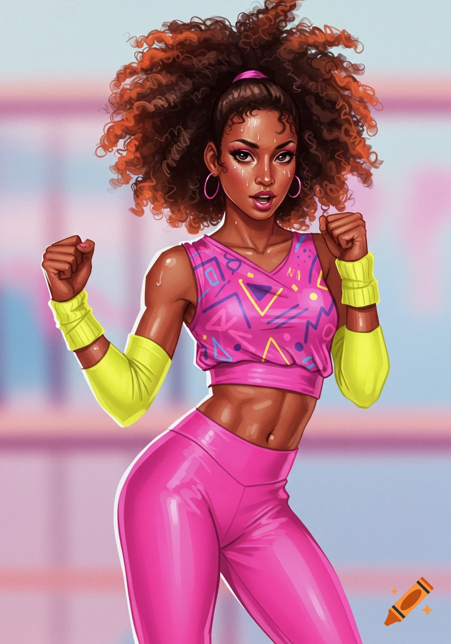 A vibrant illustration of a woman with curly hair in an 80s pink aerobic outfit and yellow armbands.