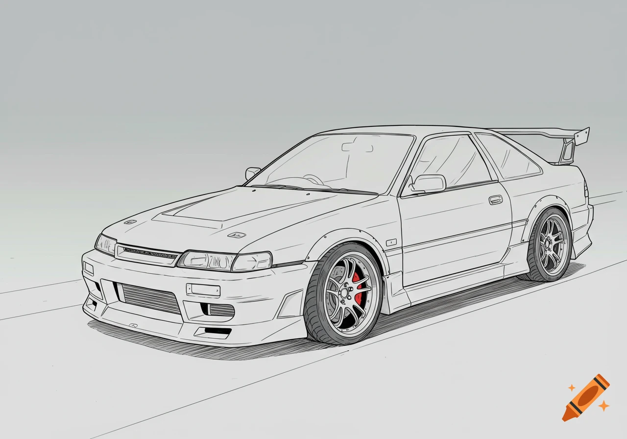 A black and white line art illustration of a JDM car with a large spoiler and fender flares, suitable for coloring.