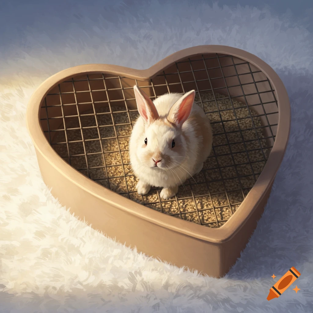 A fluffy white and tan rabbit sits in a heart-shaped litter box with a grid, surrounded by soft white fur.