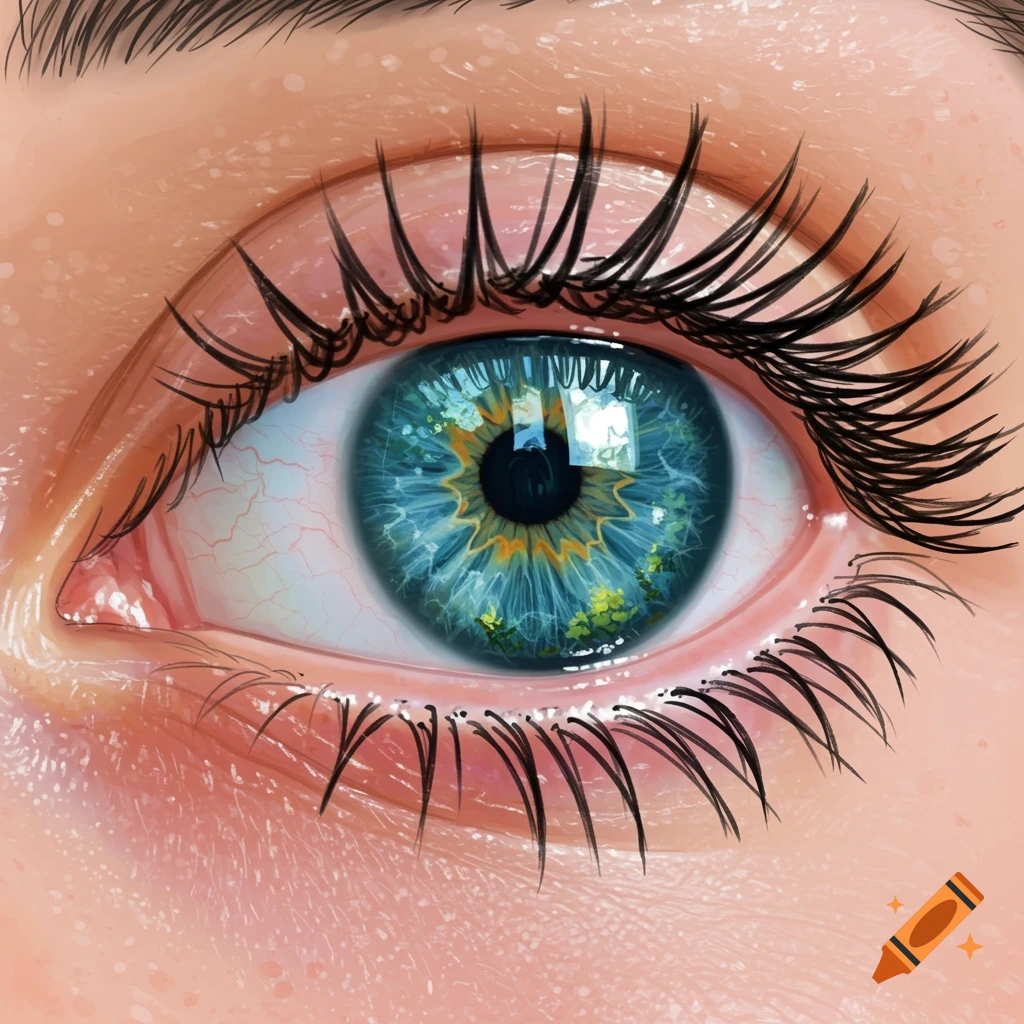 A detailed close-up of a blue eye with a miniature green and yellow forest inside the iris, appearing realistic.