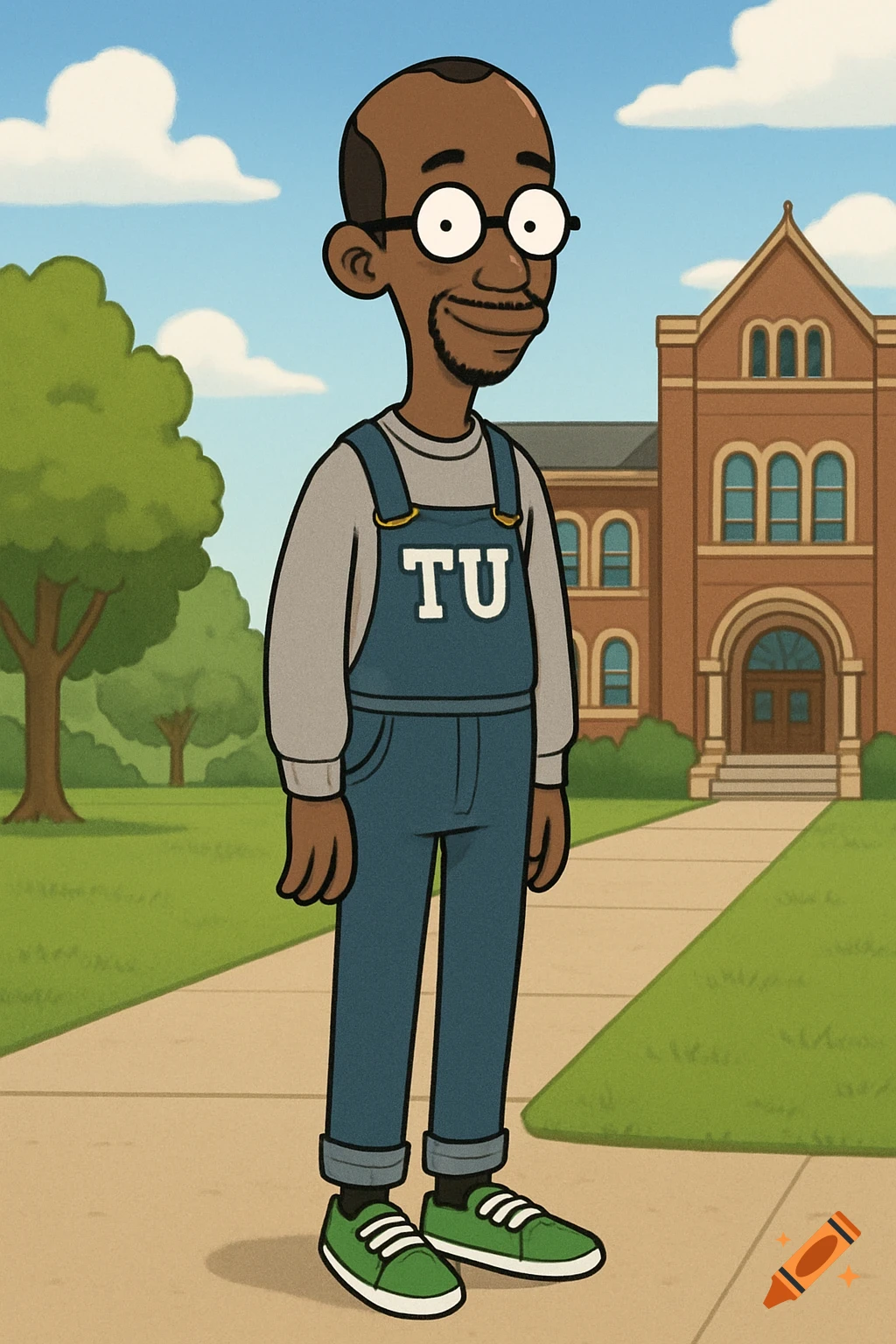 A cartoon man in blue overalls and a grey sweater with 'TU' stands on a college campus path.
