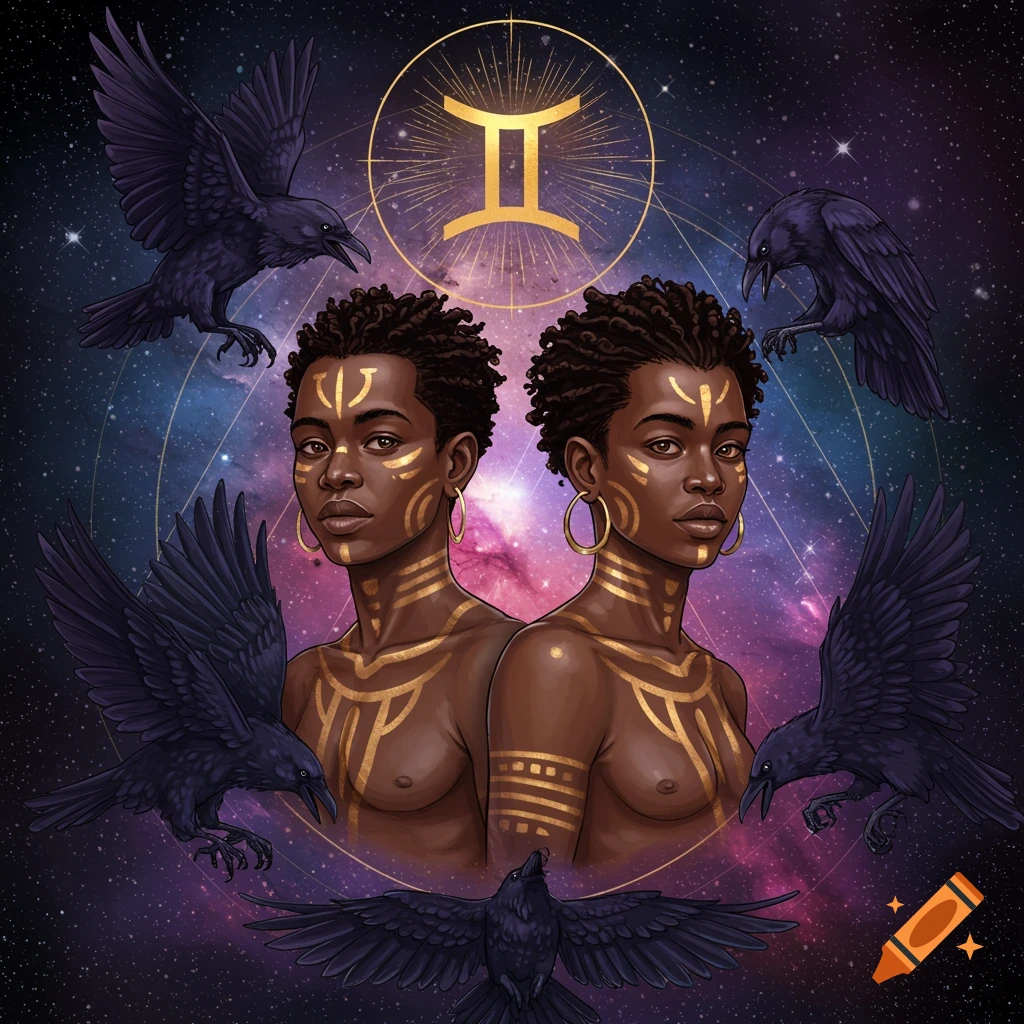 A mystical illustration of two dark-skinned twins with gold body paint, surrounded by ravens and a Gemini symbol in a starry galaxy.