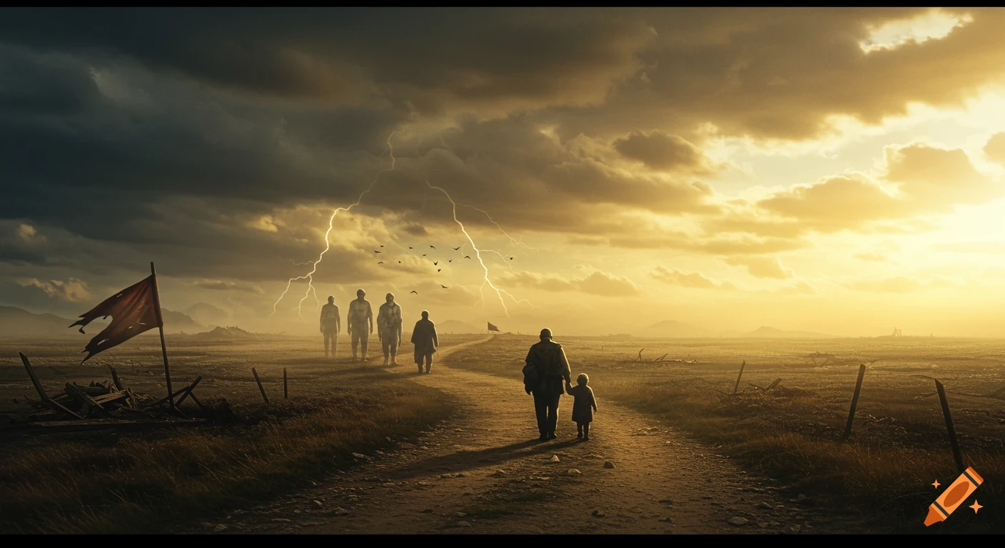 A family walks a winding path through a desolate, stormy landscape with lightning, as ghost-like figures follow and a golden sunset breaks through clouds.