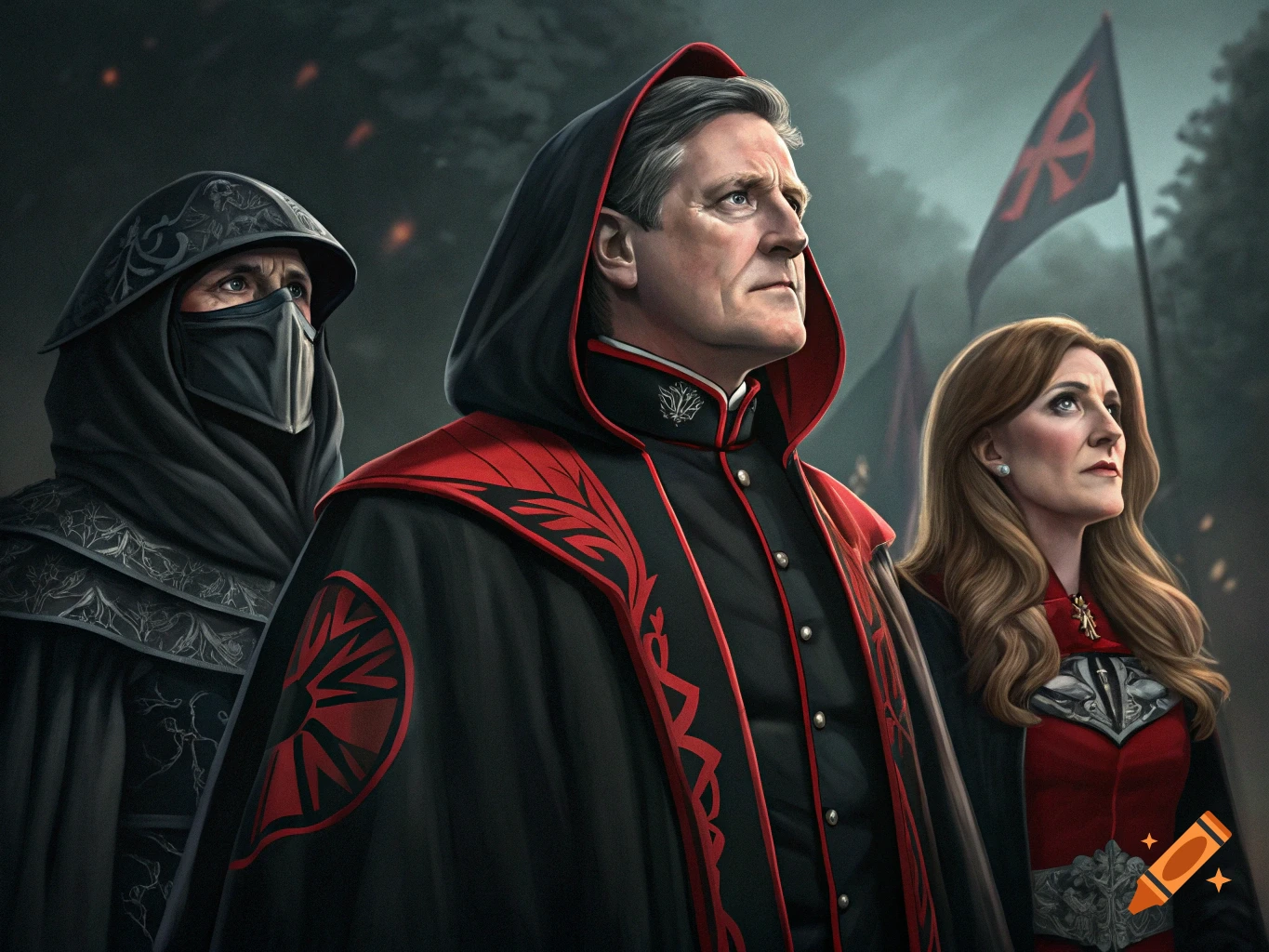 Three figures, two men and one woman, in dark fantasy robes with red accents, looking forward in a misty, dark setting with a flag.