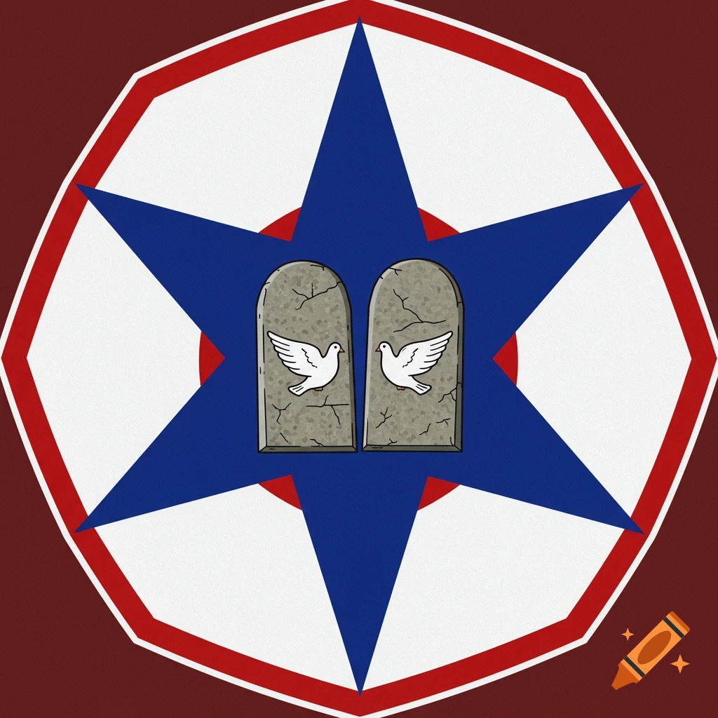 A stylized hex sign featuring a blue six-pointed star within a white octagon, bordered in red, with two gray stone tablets each featuring a white dove.