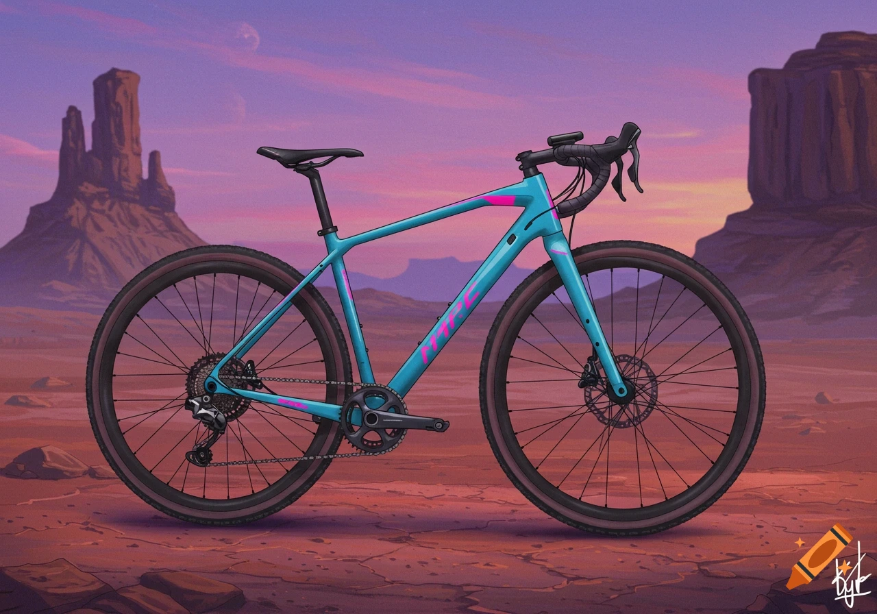 A teal and pink gravel bike stands in a desert landscape with prominent rock formations under a vibrant purple and orange sky.