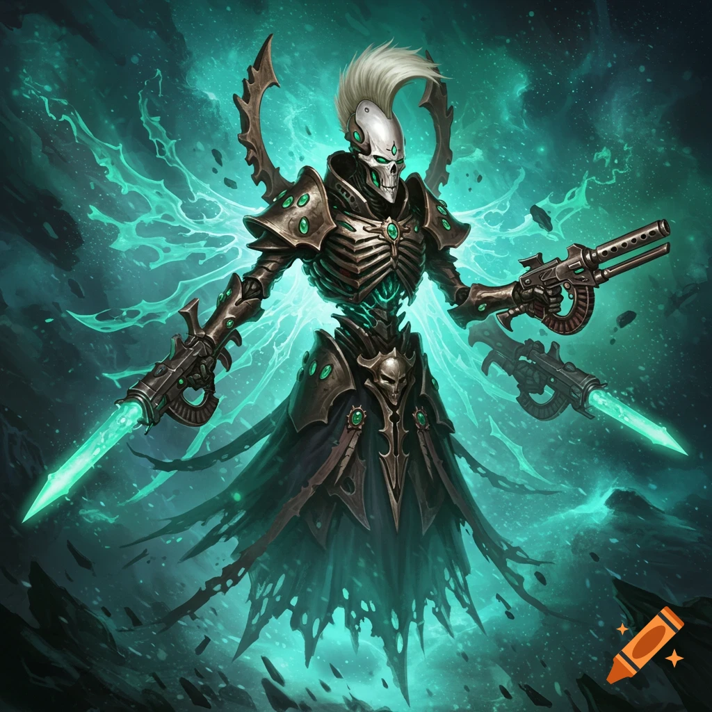 A skeletal Warhammer Eldar Wraithlord with a white mohawk, glowing green energy, and armed with futuristic weapons in a cosmic background.