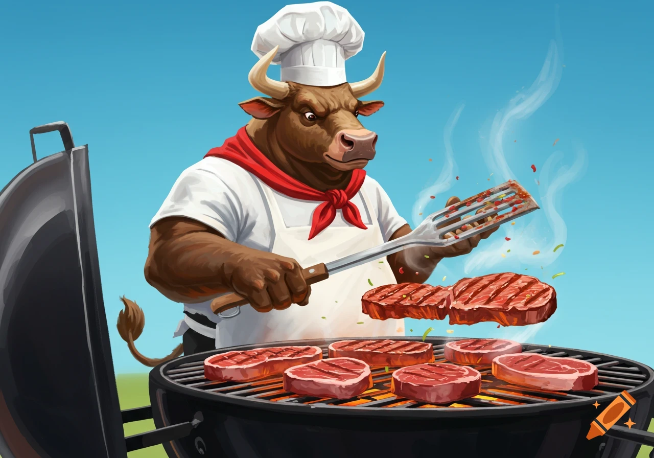 A cartoon bull chef grills steaks on an outdoor barbecue.