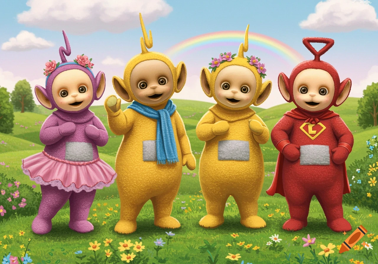 Four Teletubbies, one purple in a pink skirt, two yellow, and one red in a superhero cape, standing in a sunny, green field with a rainbow.