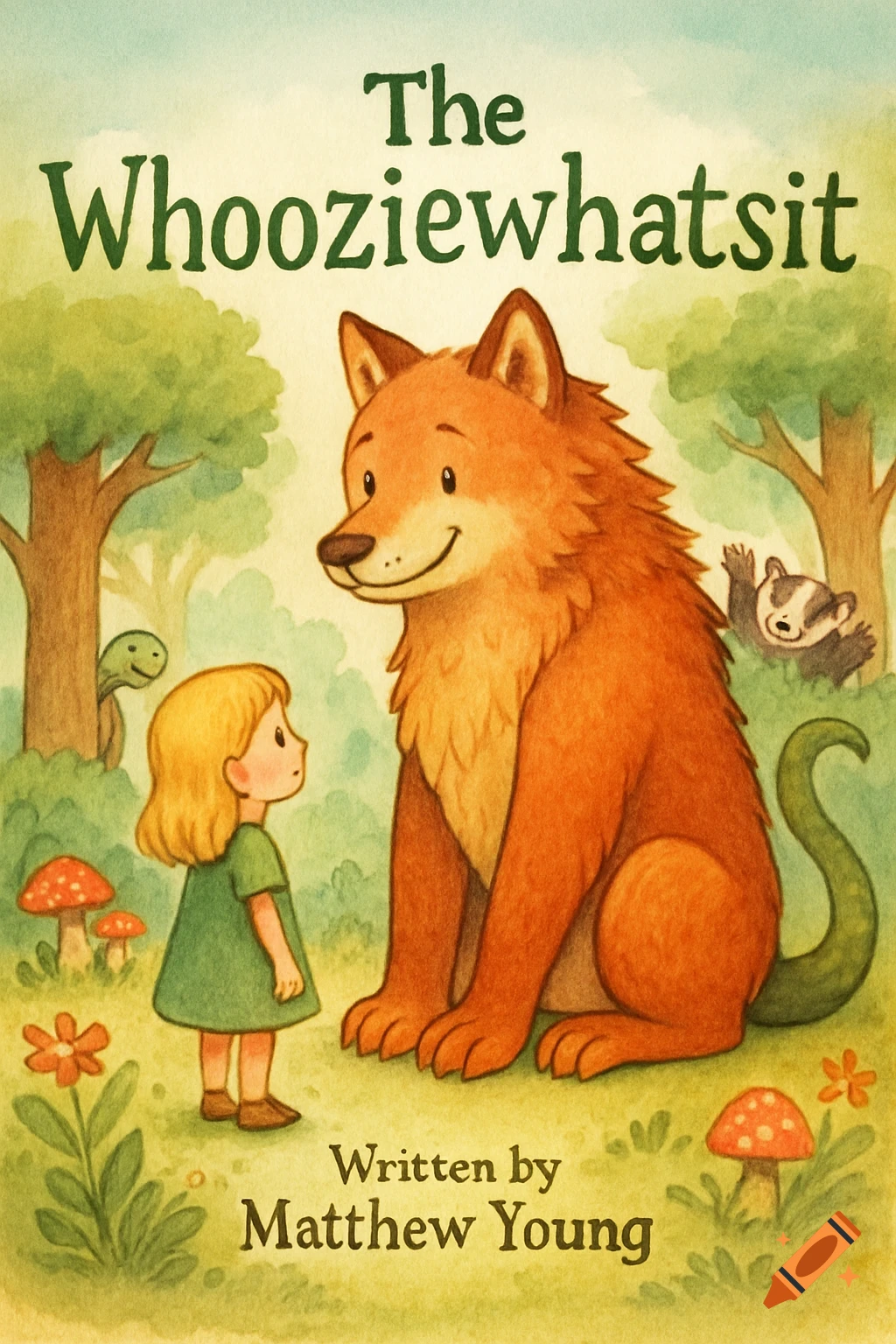 A watercolor children's book cover shows a small girl looking at a large gentle fox-like creature in a forest with other animals.