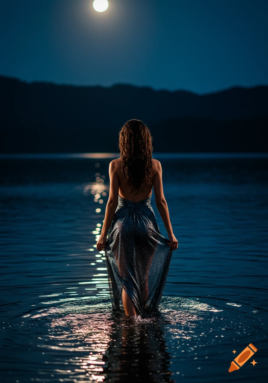 A woman in a sheer dress walks through water under a bright full moon, viewed from behind at night.