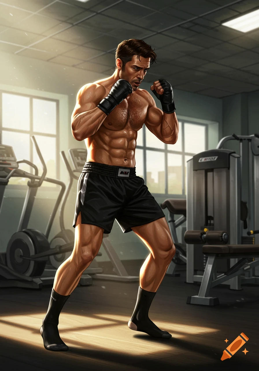 A muscular man in boxing gloves and shorts in a fighting stance inside a gym, depicted in a highly detailed illustration style.