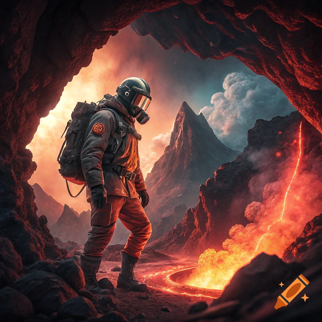 A person in a protective suit and helmet stands in a volcanic cave, looking at flowing lava.
