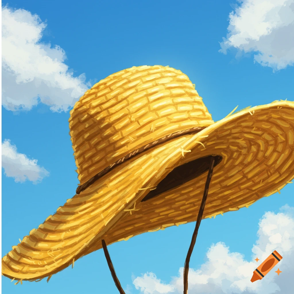 A straw hat viewed from below, against a vibrant blue sky with fluffy white clouds.