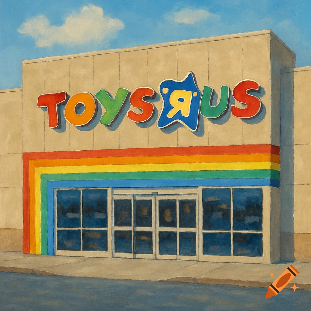 A painterly depiction of the exterior of a Toys R Us store with its iconic logo and rainbow entrance.