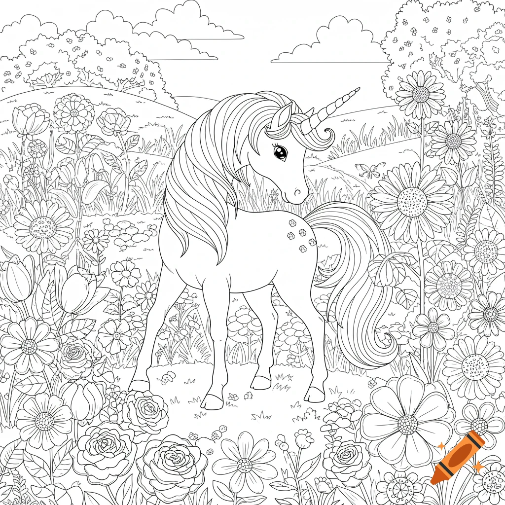 Line art coloring page of a unicorn standing in a field of various flowers.
