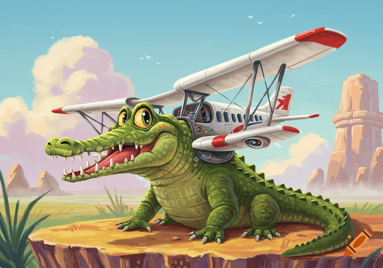 A happy cartoon crocodile with a biplane strapped to its back stands on a cliff overlooking a savanna under a blue sky.