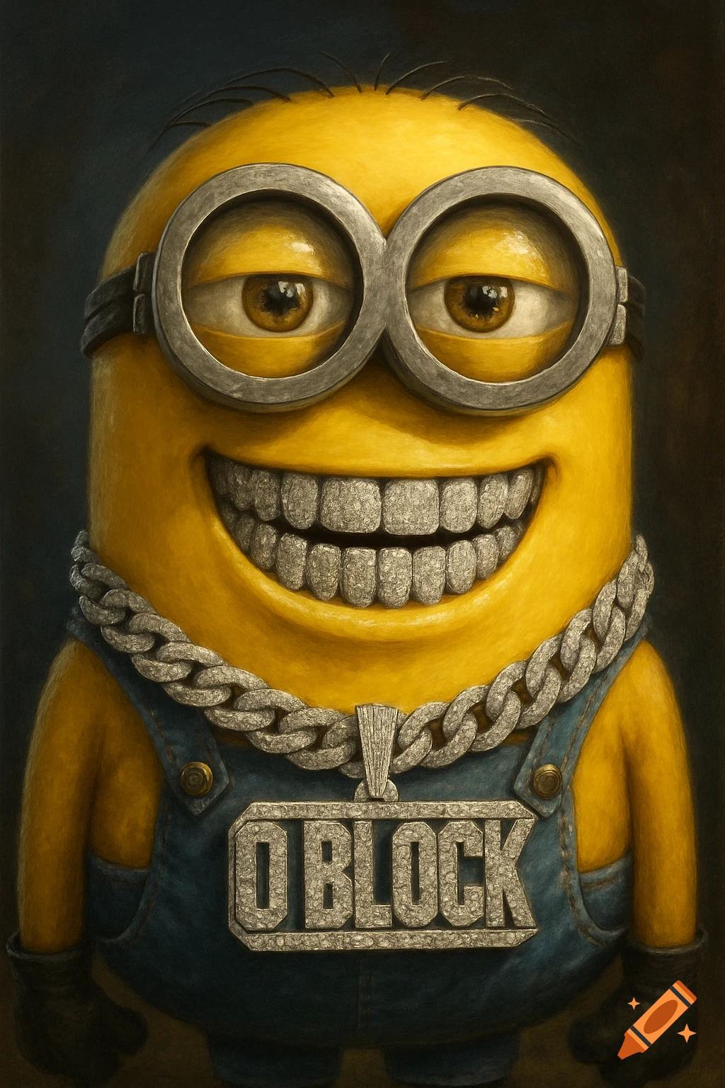 A Minion character wearing silver grillz and an iced-out chain with an 'O BLOCK' pendant around its neck, set against a dark background.