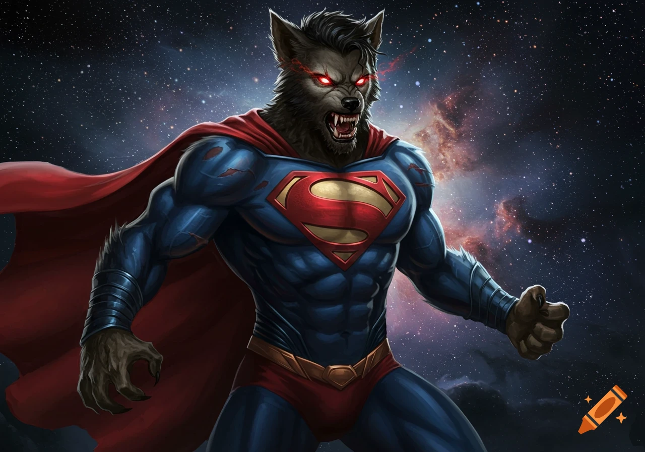 A powerful werewolf in a blue and red Superman suit with a large 'S' shield on his chest, glowing red eyes, sharp fangs, and claws, against a starry space background.