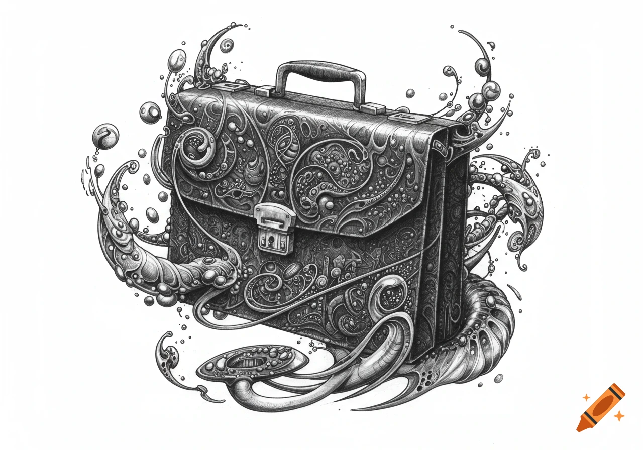 A detailed black and white illustration of a briefcase covered in intricate, swirling, organic, and surreal patterns.