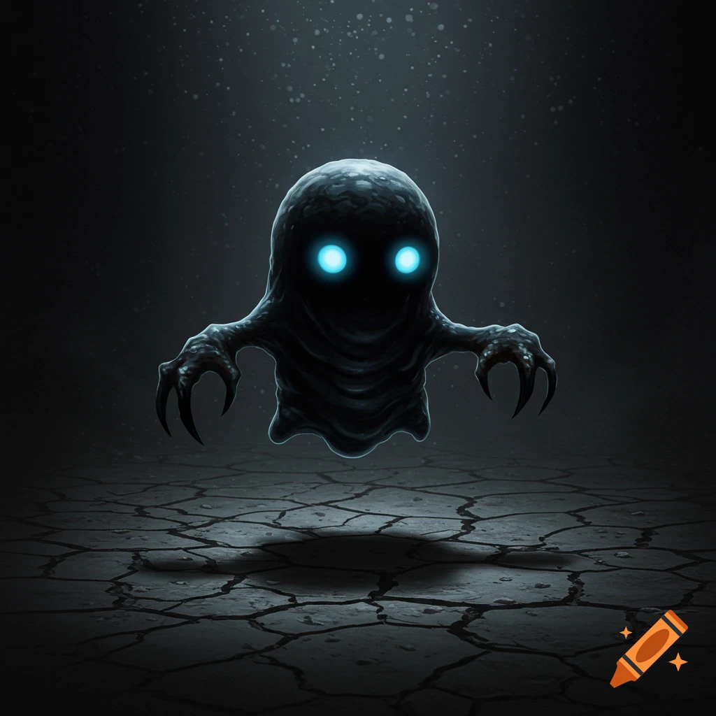 A shadowy, ghost-like creature with glowing blue eyes and sharp claws hovers over cracked ground in a dark, atmospheric setting.