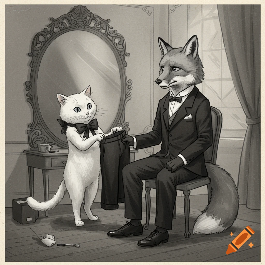 A white cat in a bow tie helps a fox in a suit get dressed in front of a mirror in a monochrome illustration.