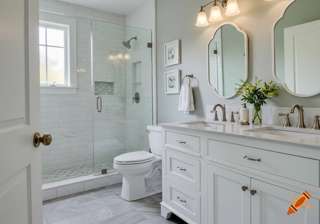 A clean, modern bathroom with a white double vanity, glass shower, toilet, light grey walls, and tiled floor.
