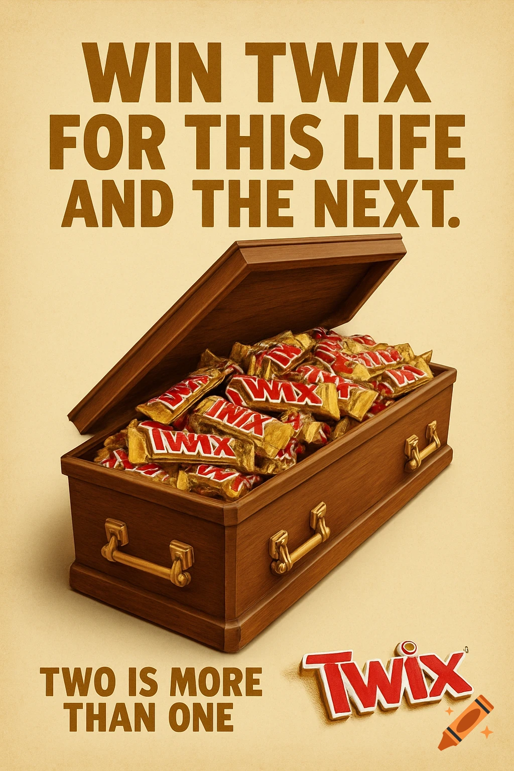 A humorous ad poster featuring a wooden coffin overflowing with Twix candy bars, with text 'WIN TWIX FOR THIS LIFE AND THE NEXT. TWO IS MORE THAN ONE.'