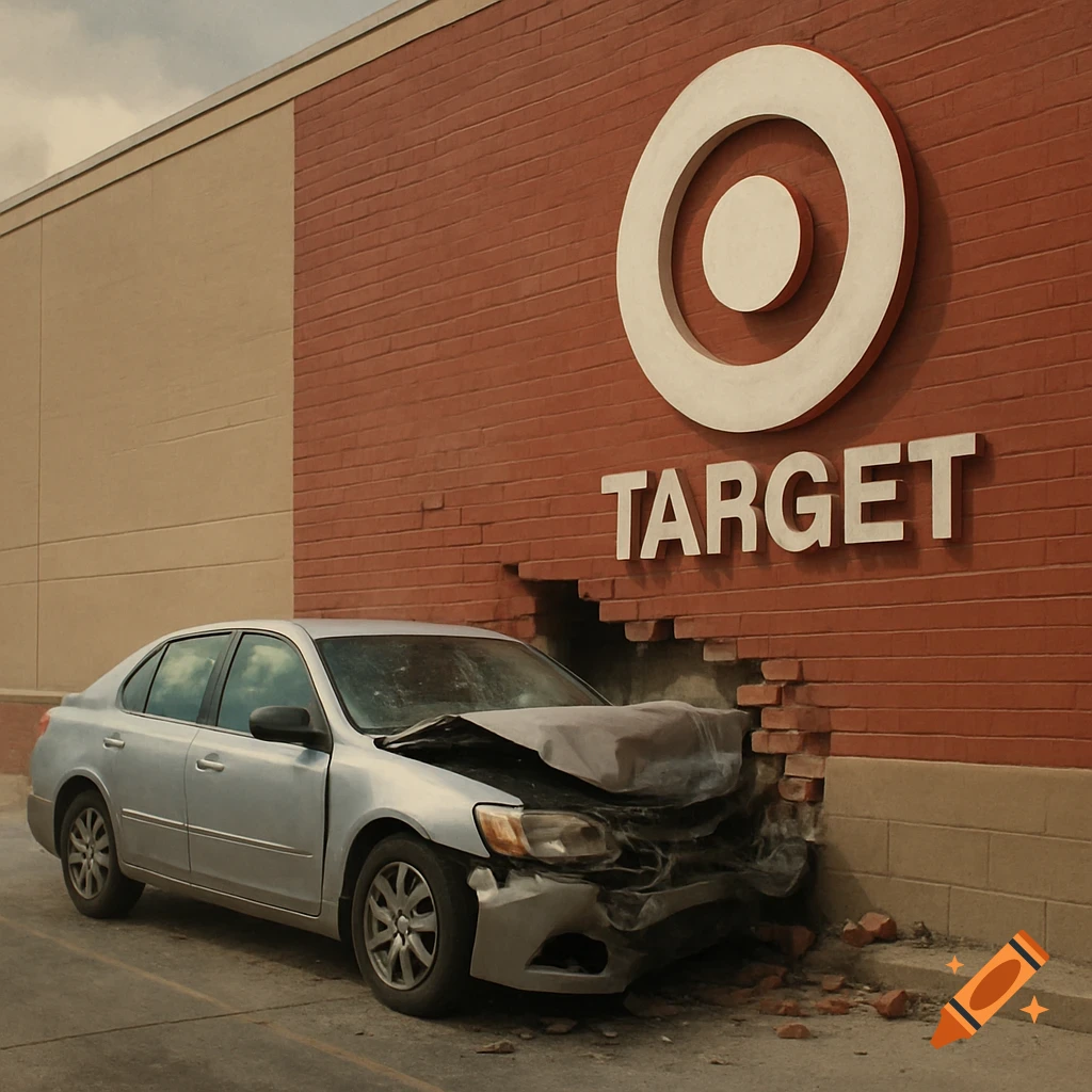 A silver car has crashed into the red brick wall of a Target store, with debris scattered around.