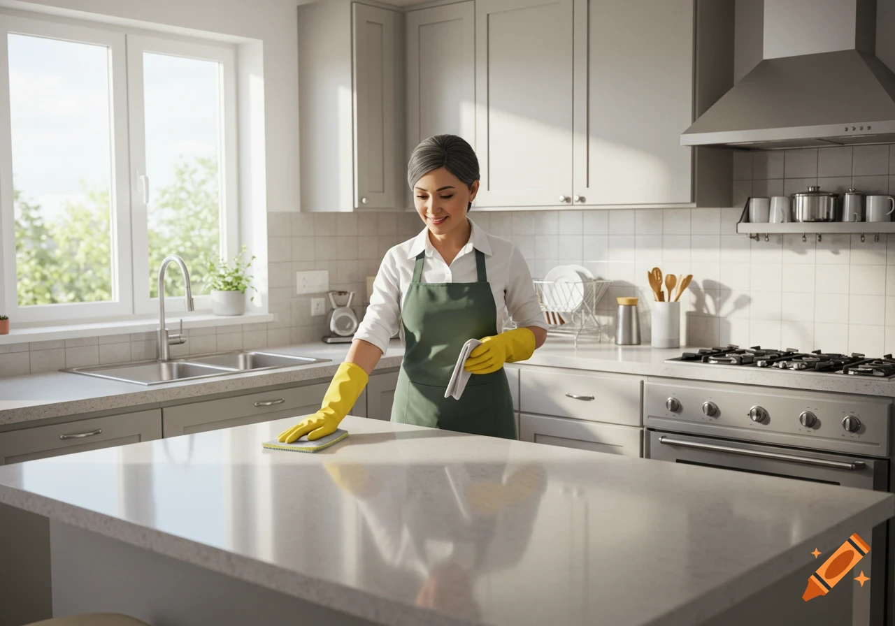 A smiling woman in an apron and yellow gloves wipes a modern kitchen counter with a sponge.