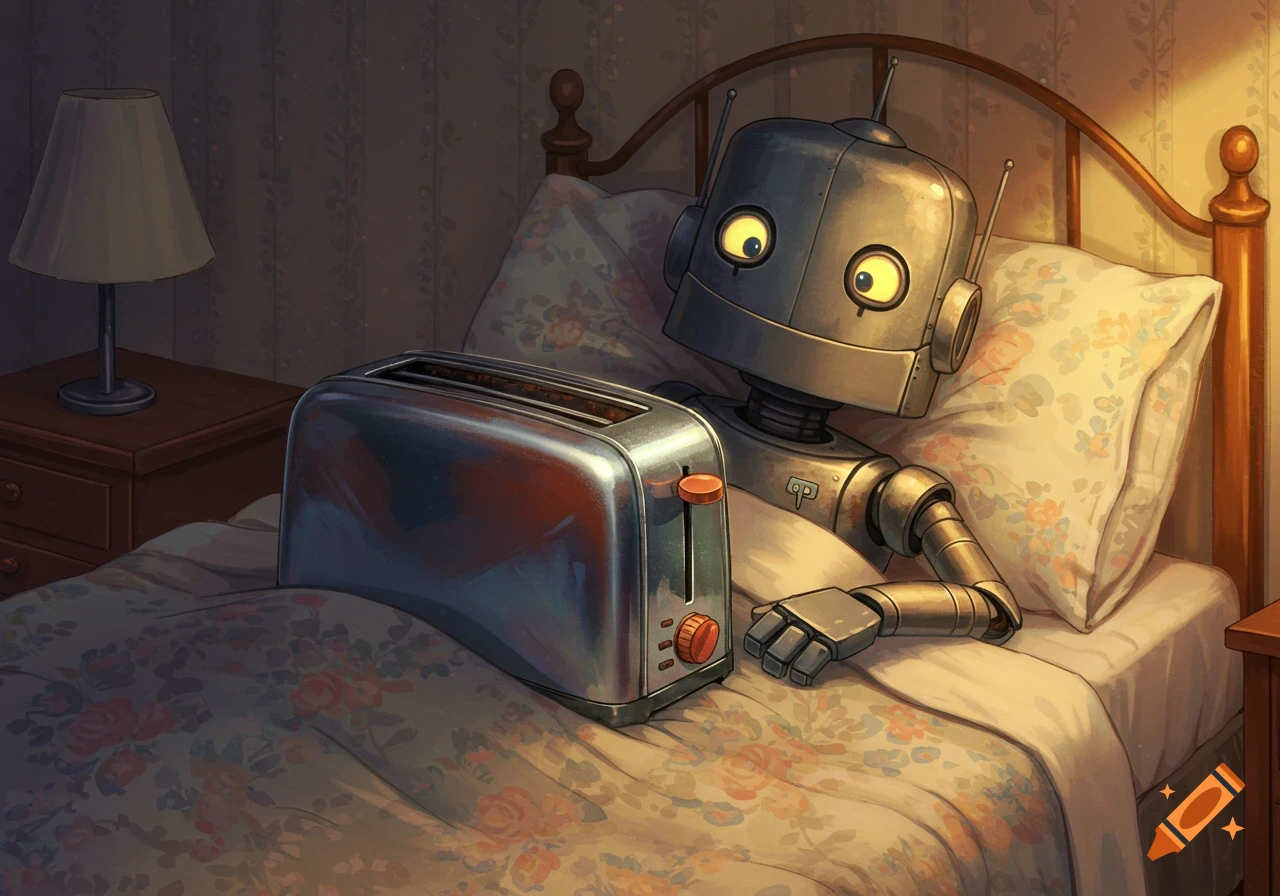 An illustrated robot with large yellow eyes lies in bed next to a chrome toaster on floral bedsheets.