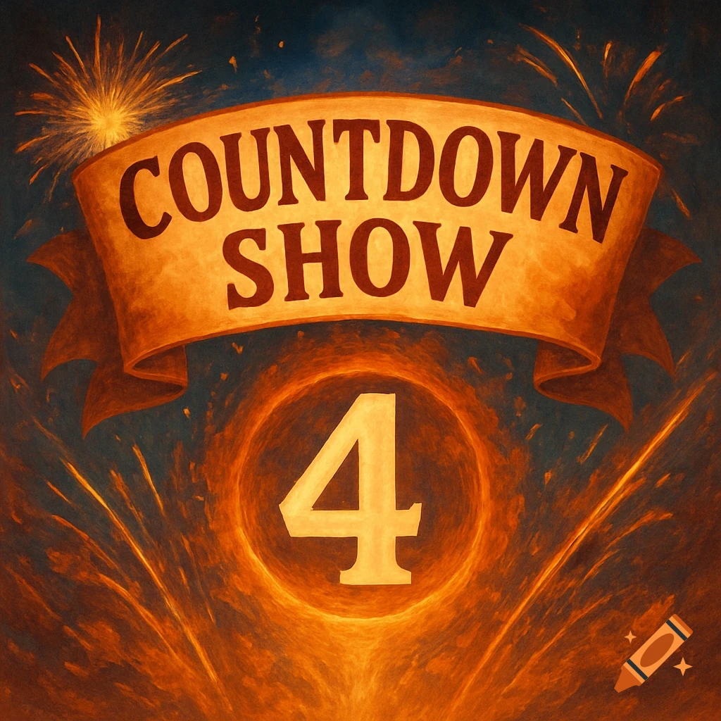 An orange banner with 'COUNTDOWN SHOW' text and a large number '4' against a dark, firework-filled sky.