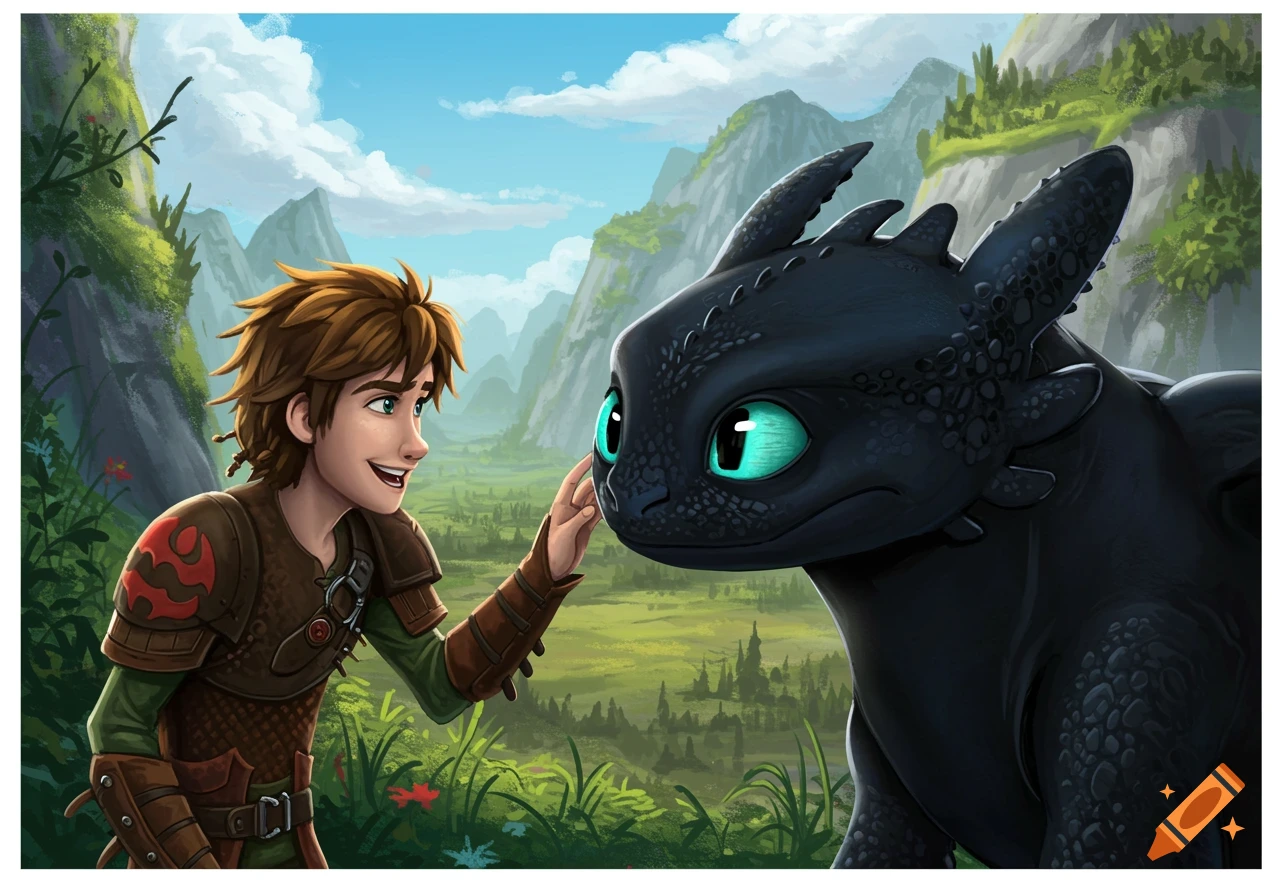 An animated image of Hiccup smiling and touching Toothless's nose in a green, mountainous valley.