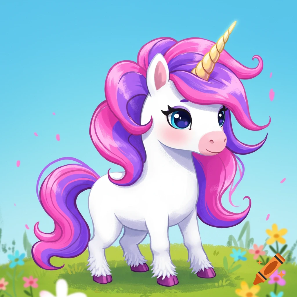 A cute 2D cartoon unicorn with a pink and purple mane and tail stands in a grassy field under a blue sky.