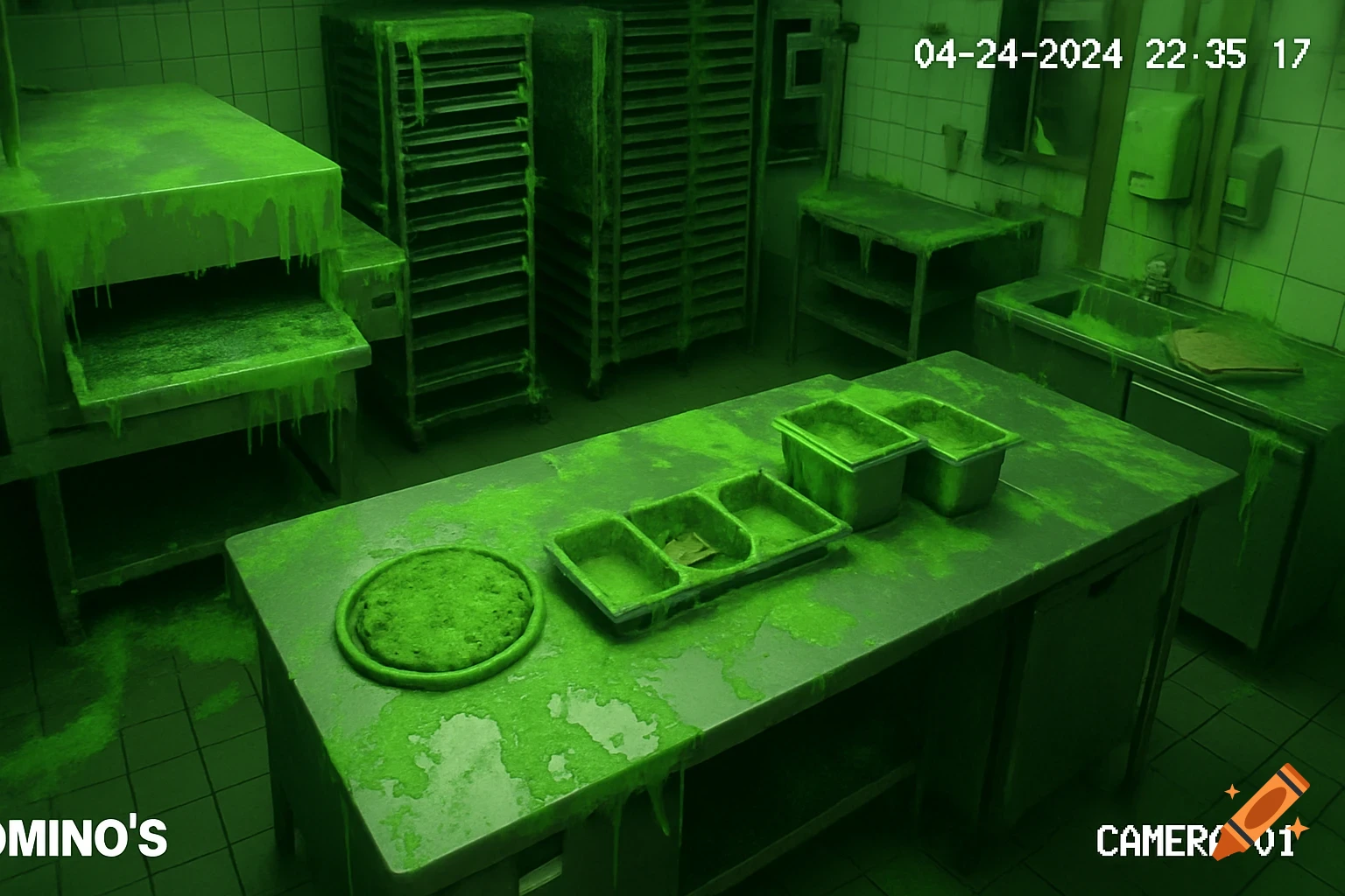 CCTV footage of a kitchen at Domino's covered in dripping green slime.
