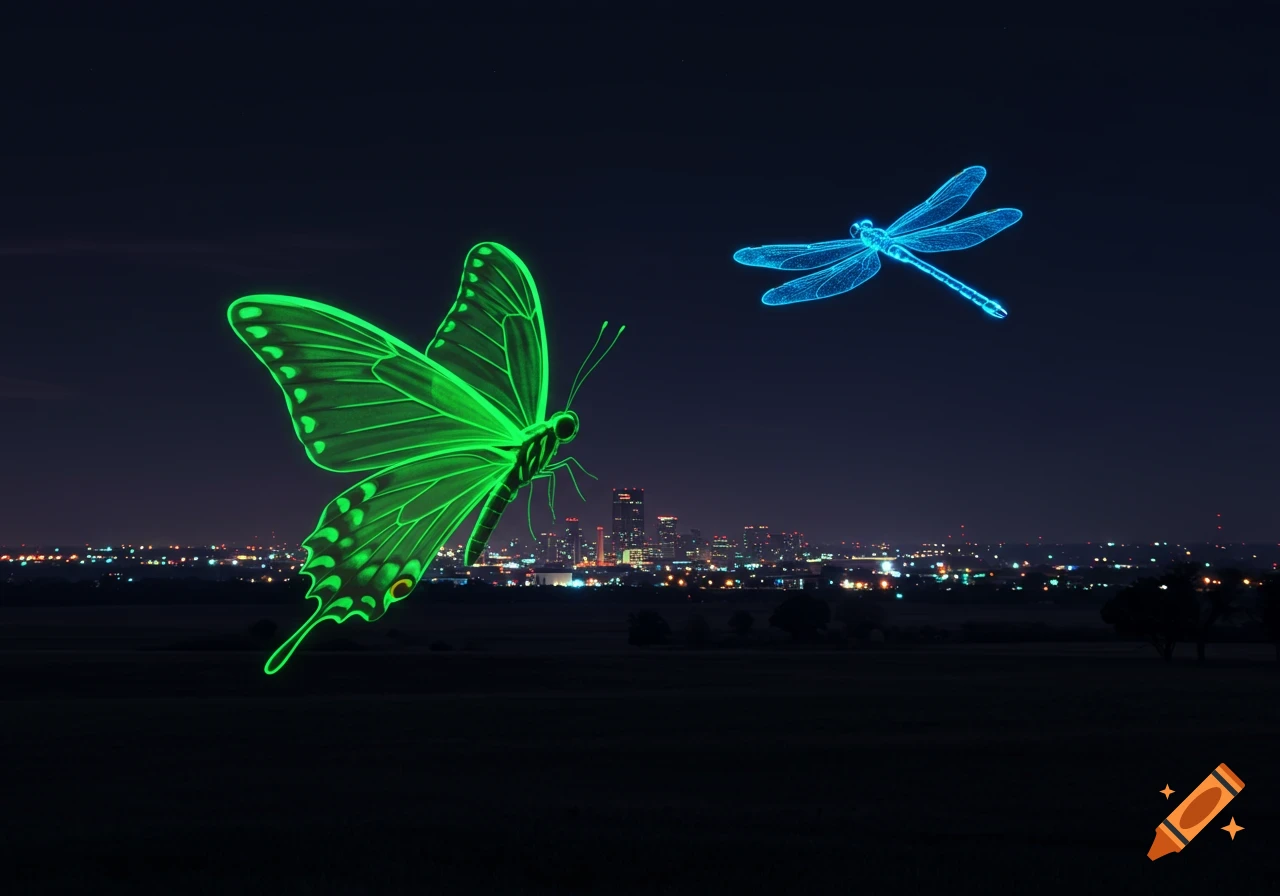A vibrant green neon butterfly and a blue neon dragonfly fly above a blurred city skyline at night.
