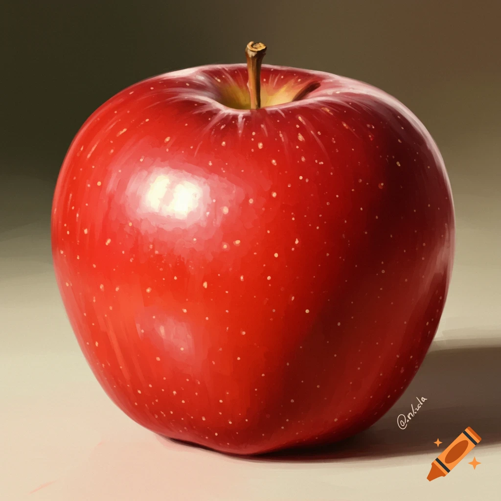 A vibrant red apple with a light highlight sits against a dark, softly lit background, rendered in a realistic digital painting style.